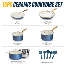 Gotham Steel 15 Pc Ceramic Cookware Set Nonstick, Ceramic Pots and Pans Set Non Stick with Steamer & Cooking Utensils, Non Toxic PFOA PFOS Free, Premium Stay Cool Handles, Oven & Dishwasher Safe
