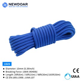NewDoar CE & UIAA Certificated 18KN Static Climbing Rope 10mm (3/8in) High Strength Accessory Cord Double Braid Safety Rope for Prusik Hauling Dragging(Blue 10mm,98ft)