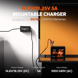 LiTime 12V(14.6V) & 16V(18.25V) 20A Mountable LiFePO4 Battery Charger, IP65 Waterproof, AC to DC Fast Charger with Adjustable Voltage, Smart BMS Activation & LED Indicator