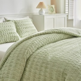 Lotus Karen Fluffy Comforter Cover Set Queen Size Ultra Soft Shaggy Faux Fur Duvet Cover Set 3 Pieces Luxury Plush Fuzzy Bedding Sets, 1 Duvet Cover +2 Pillowcases (Rectangle Pattern, Sage Green)