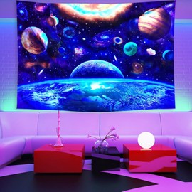 Blacklight Wall Tapestry Fluorescent Planet Pattern UV Reactive Hanging Tapestry for Wall Hanging Home Decor Home Kitchen Decor Products Tapestries (150X130cm / 59X51in)