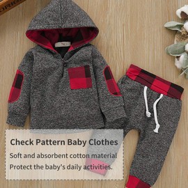 TMEOG Baby Clothing Sets Infant Toddler Boys Girls Sweatshirt Set Winter Fall Clothes Outfit 0-3 Years Old,Baby Plaid Hooded Long Sleeve Tops+Pants (Red, 6-12 Months)