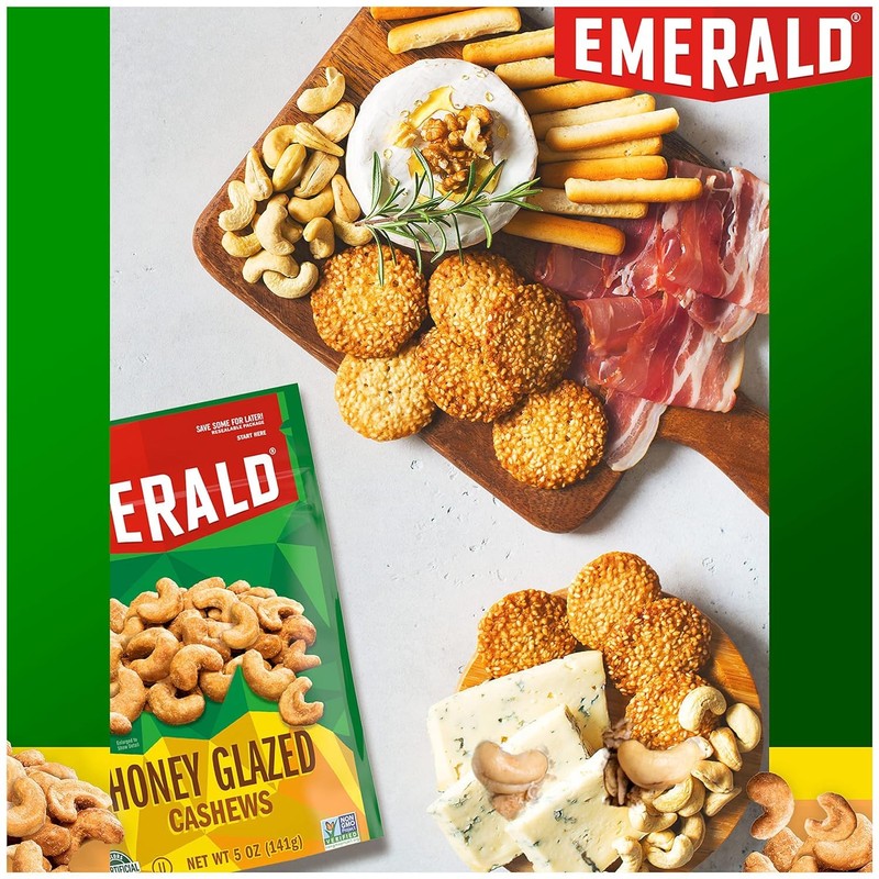 Emerald Nuts, Honey Glazed Cashews, 5 Oz, Resealable Bag (Pack