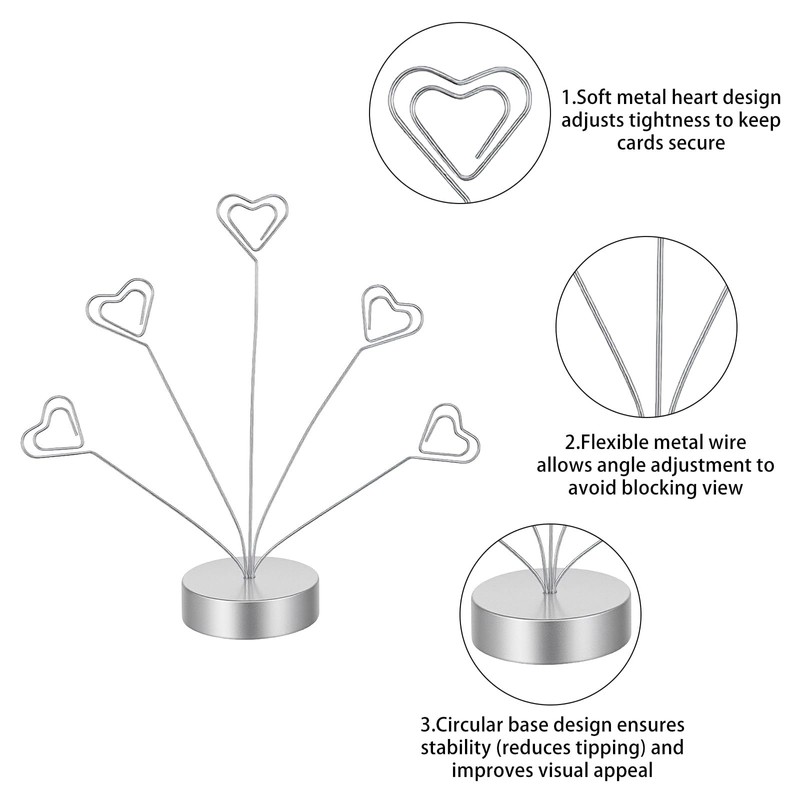 Quilax Heart-Shaped Photo Holders for Tables, 5-Branch Picture Frame Clips