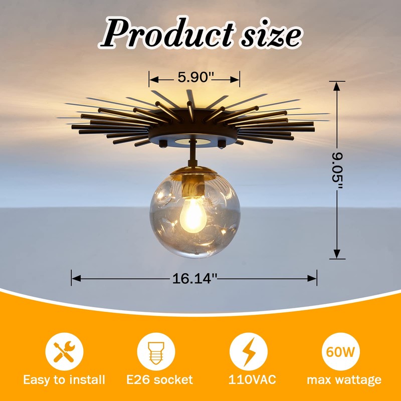 UOFUS Small Black Flush Mount Ceiling Light with Glass Globe