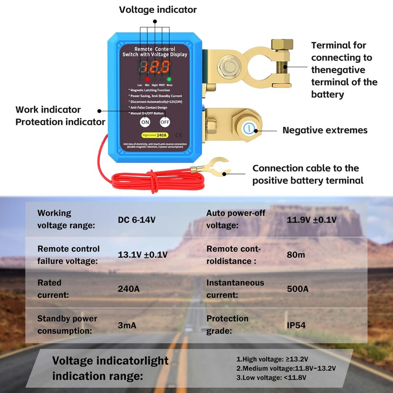 Kill Switch for Car with Led Voltage Display,12V 240A Remote