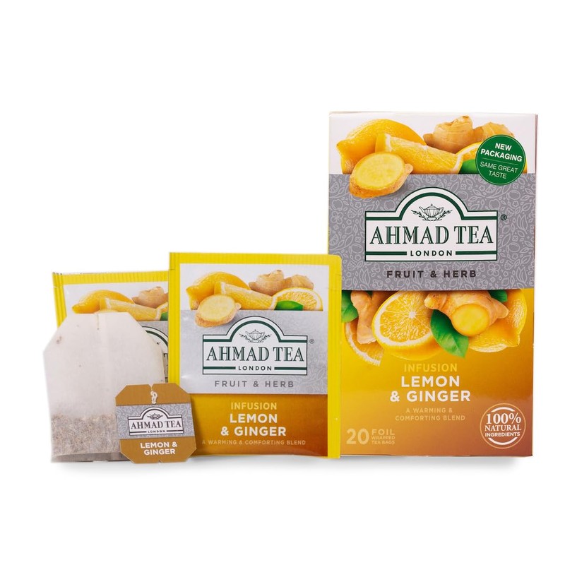 Ahmad Tea Sachet Infusion Foil-Enveloped Teabags, Lemon and Ginger, 20