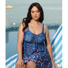 TIYOMI Womens Plus Size Swimdress Two Piece Tankini Tummy Control Flowy Swimsuit Bathing Suits Beach V Neck July 4th Star National Day Ruched Skirted Swimwear with Shorts Beach Summer 4XL 20W