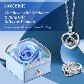 WOKEISE Preserved Real Rose with I Love You Necklace and Crown Ring 100 Languages, Gifts for Women, Girlfriend, Wife, Mom, Grandma, Birthday, Anniversary, Valentine's Day, Mother's Day - Blue