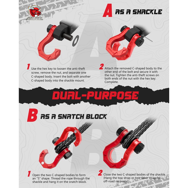 AMBULL D Ring Separate Shackle with Snatch Block, 3/4" Easy