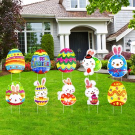 10 Pcs Glitter Easter Yard Signs with Stakes Outdoor Lawn Decorations Waterproof Easter Yard Decor Eggs Bunny for Yard Garden Wall Tree Pathway Walkway