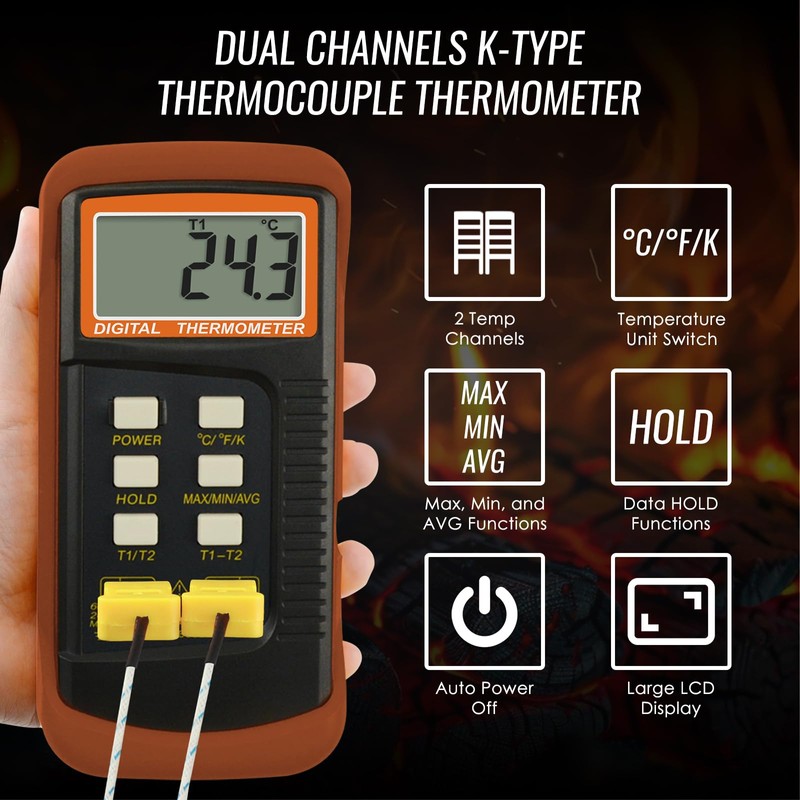 DANOPLUS Digital K Type Thermometer with 4 Thermocouples, Dual Channels