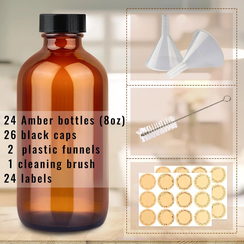 PINIWON 24 Pack 8 oz Amber Glass Bottles, Boston Round