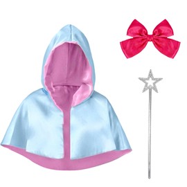 TUVWYSZ Fairy Godmother Costume Cape Set, Light Blue and Pink Satin Hooded Cape with Red Bow, Silver Star Wand, Fantasy Dress Up Accessories
