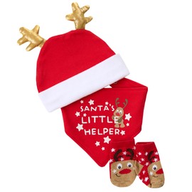 WS-AW23 Baby Girls Boys Unisex Christmas 3 Pieces Gift Set Hat Bib and Socks Matching Xmas Accessories Reindeer 0-6 Months