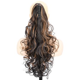 GLEDOLA Ombre Claw Clip In Wavy Loose curly Synthetic Wrap Around Ponytail Extensions Short Pony Tail Clip In Extensions for Women Girl (24 inch—Curly, Highlighted Dark Brown #4H27)