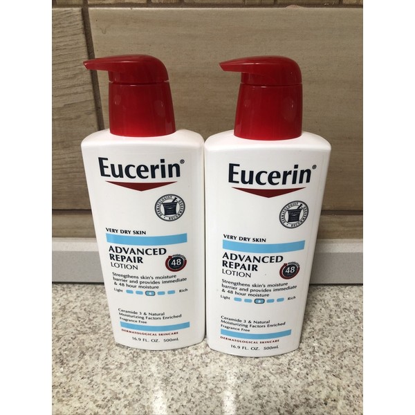 2 New!! Eucerin Daily Hydration Lotion Fragrance Free 16.9 fl oz each. Light