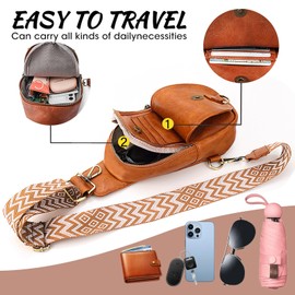 KlaOYer Sling Leather Bags For Women Crossbody Small Fanny Pack Purses Chest Bags With Guitar Strap For Gril Lady (Brown)