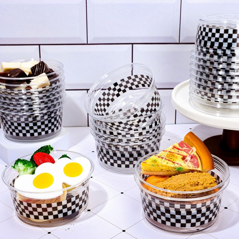 FYSUIMU 50Pcs 12oz Checkered Plastic Bowls Disposable Black White Checkerboard