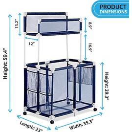 Pool Bins Pool Storage Equipment Organizer Holder - Noodles, Toys, Balls and Floats Mesh Rolling Double Decker Bin, Large with Noodle Rack, (23" L x 35.3" W x 59.4" H), Blue/White