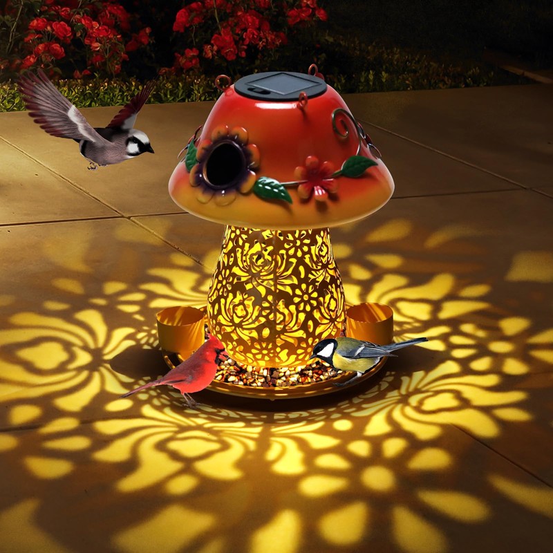 Mushroom Solar Bird Feeders for Outdoors Hanging Metal Wild Bird