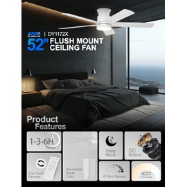 Allsmartlife Ceiling Fans with Lights 50 Inch, Flush Mount, Remote Control, 3CCT Dimmable, 6 Speeds, Quiet Reversible DC Motor, Low Profile Hugger White Ceiling Fan for Bedroom, Living Room, ETL