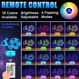 XRR Football Night Light, Pack of 2 Football 3D Illusion Lamp for Children Night Light Children with 16 Colours Changing and Remote Control, Desk Lamps, Gifts for Girls Boys