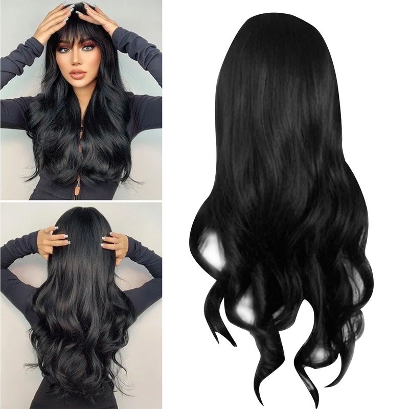 Long Curly Wavy Wig with Bangs Women Fashionable Synthetic Heat