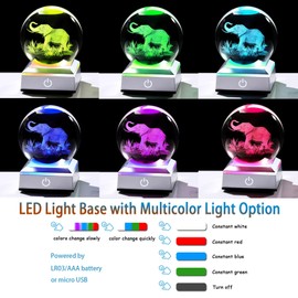 Ornalrist Crystal Balls 3D Elephant with LED Colorful Base, 3.15" Glass Animal Sphere, Elephant Gifts for Women Mom for Birthday Christmas Office Home Decor