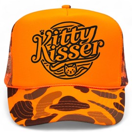 Kitty Kisser Trucker Hat | Premium Mesh Foam Snapback Hat for Men & Women (US, Alpha, One Size, Orange Camo)