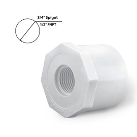 White PVC Reducer Bushing - 3/4" Spigot x 1/2" FNPT Female Pipe Thread SCH 40 PVC Pipe Adapter Fitting
