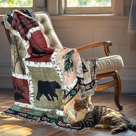 EZ.enjoy Geometric Lodge Woodland Moose Bear Patchwork Woven Tapestry Throw Blanket Wall Hanging Art Handicrafts Jacquard Multipurpose Soft Travel Mat Outdoor with Fringe Tassels 50 X 60 Inches