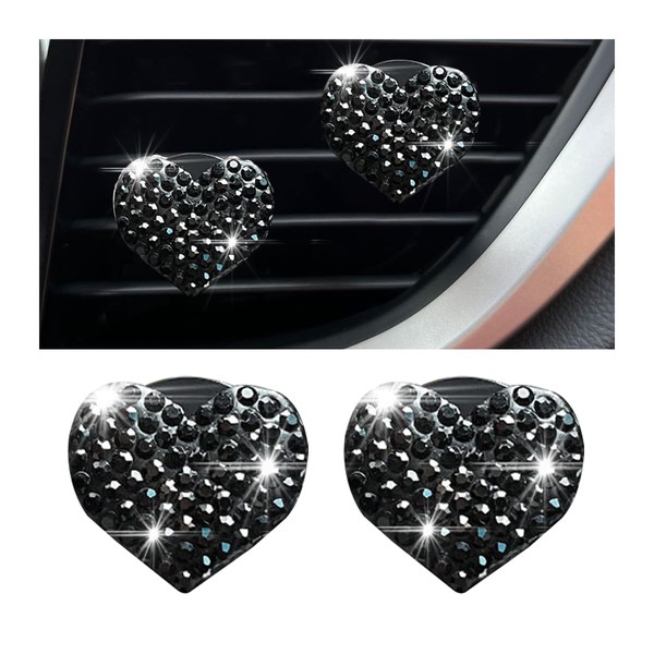 Osilly Car Bling Air Vent Clips, 2 Pcs Bling Heart Charm Air Conditioning Outlet Clip, Crystal Rhinestone Accessories, Sparkly Car Interior Decoration Cute Accessories for Women Girls (Black)
