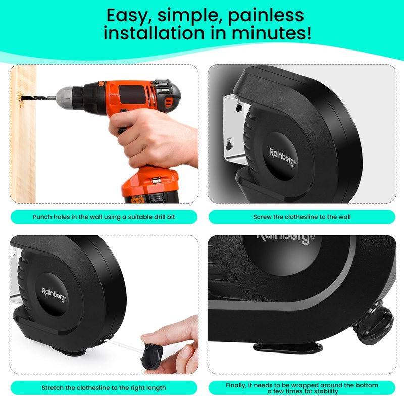 Rainberg Retractable Clothes Line, 15m/30m Washing Line, Wall-Mounted, PVC-Coated, Indoor/Outdoor