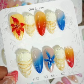 30pcs Handmade ice Flower Press on Nails Medium Fake Nail Tips，Ocean Shell Holiday Style False Nails for Girls Pearl Nails Wearable Blue French Almond Shape Summer Nails for Women Daily Wear
