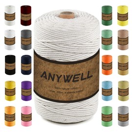 ANYWELL Macrame Cord 3mmx218 Yards, Macrame Rope, Cotton Cord, Corde Macramé, Not Dyed, Natural Color Handmade Soft 4-Strand Twisted Cotton Rope, Wall Hanging, Plant Hanger, DIY Craft Making, Knitting