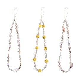 TUCAI 3pcs Beaded Phone Lanyard Wristband Handmade Smiley Beaded Phone Charm Shell Letter Phone Chain Strap for Women Girls (3PCS-Style1)