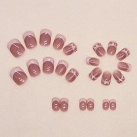 French Tip Press on Nails Short Fake Nails Square False Nails Full Cover Cute Acrylic Nails Ripple Designs Glue on Nails Glossy Artificial Nails Pink Nail Tip Stick on Nails for Women and Girls 24Pcs