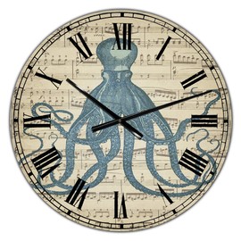 DesignQ 'Octopus Music Score II' Large Nautical & Coastal Wall Clock for Home Bedroom Bathroom Office Living Room Decoration