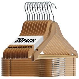 Wooden Hangers, 20-Pack Schima superba Hangers, Natural Wood Suit Hangers with Non-Slip Trouser Bars, Hangers for Shirts, Jackets, Dresses, Wedding Dresses