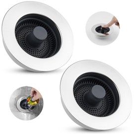 Hibbent 2 Pack 3 in 1 Kitchen Sink Drain Strainer, Stainless Steel Wrapped Shell Drain Stopper Combo, Pop Up Sink Stopper, Anti-Clogging Basket Strainer with Handle for US Standard 3-1/2" Drain