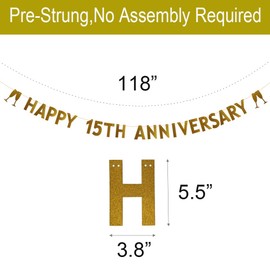 Betteryanzi Gold Glitter Happy 15th Anniversary Banner,15th Wedding Anniversary Party Decorations Supplies, Pre-strung, Gold Glitter Paper Garlands Backdrops,Letters Gold HAPPY 15TH ANNIVERSARY