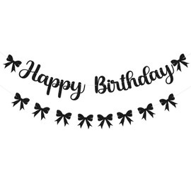 Black Bow Birthday Decorations Happy Birthday Banner Black Bow Bunting Garland Glitter Photo Props Satin Ribbon Hanging Swirls Party Decor for Boys Girls Bachelorette Themed Party Supplies