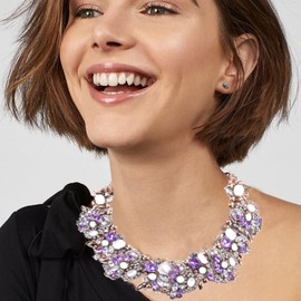 Zthread Bib Statement Necklace Colorful Glass Crystal Collar Choker Necklace for Women Fashion Accessories (Purple + White)