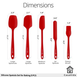 CasaVida Silicone Spatula Set 5pcs Red High Heat Resistant Non Stick Bakery Flexible BPA Free Dishwasher Safe Kitchen Utensils Bakeware Cookware Baking Mixing One-piece Seamless Spatula Set