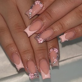 ROFIBUT Pink 3D French Tip Press on Nails Medium Square Fake Nails with Rhinestones Design Flower Charms Acrylic Nails Luxury Glossy False Nails Glue on Nails Reusable Artificial Nails for Women 30Pcs