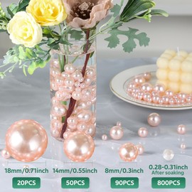 EGKamh 160 Pcs Floating Beads Pearls and 800 Pcs Clear Water Gel Beads, Pearls Decor Vase Filler Beads, Floating Beads for Centerpieces Vases Party Table Wedding (Pink,8/14/18mm)