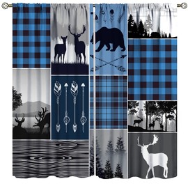 Llylumty Rustic Farmhouse Curtains, Retro Cabin Lodge Window Curtains Country Bear Deer Blackout for Kids Teens Adult, Hunting Wild Animal Plaid Checkered & Drapes Blue 26x84in,2 Panel Set