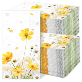 gisgfim 100Pcs Floral Paper Napkins Spring Summer Yellow Flower Guest Towel Galsang Floral Disposable Hand Napkins for Bathroom Decorative Weddings Dinner Party Bridal Baby Shower Decorative Towels