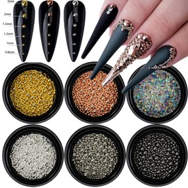 HNUIX Nail Beads - Mixed Size, 6 Colors, Round, Metal Steel Beads Nail Charms, Caviar Beads Nail Accessories for Acrylic Nails, Manicure DIY Crafts Decorations